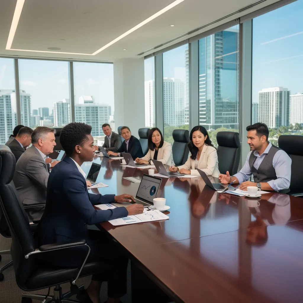 Przytulna recepcja z nowoczesnym meblami i zielonymi roślinami w tle